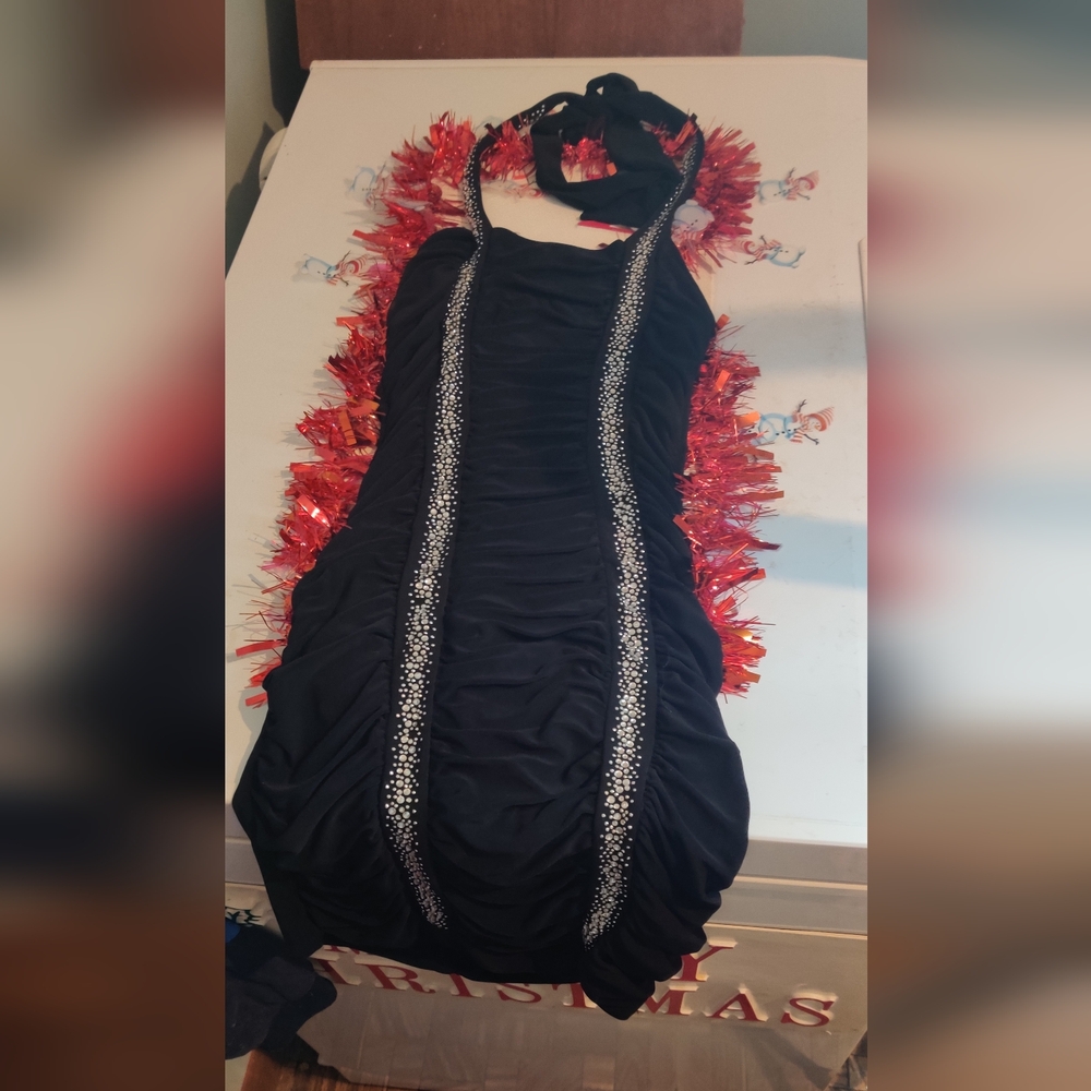 Elegant Black Halter Dress with Silver Accents Size S